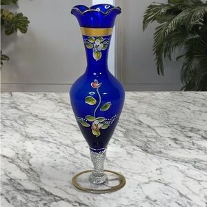 Vintage Bohemian Cobalt Blue Small glass vase 8”